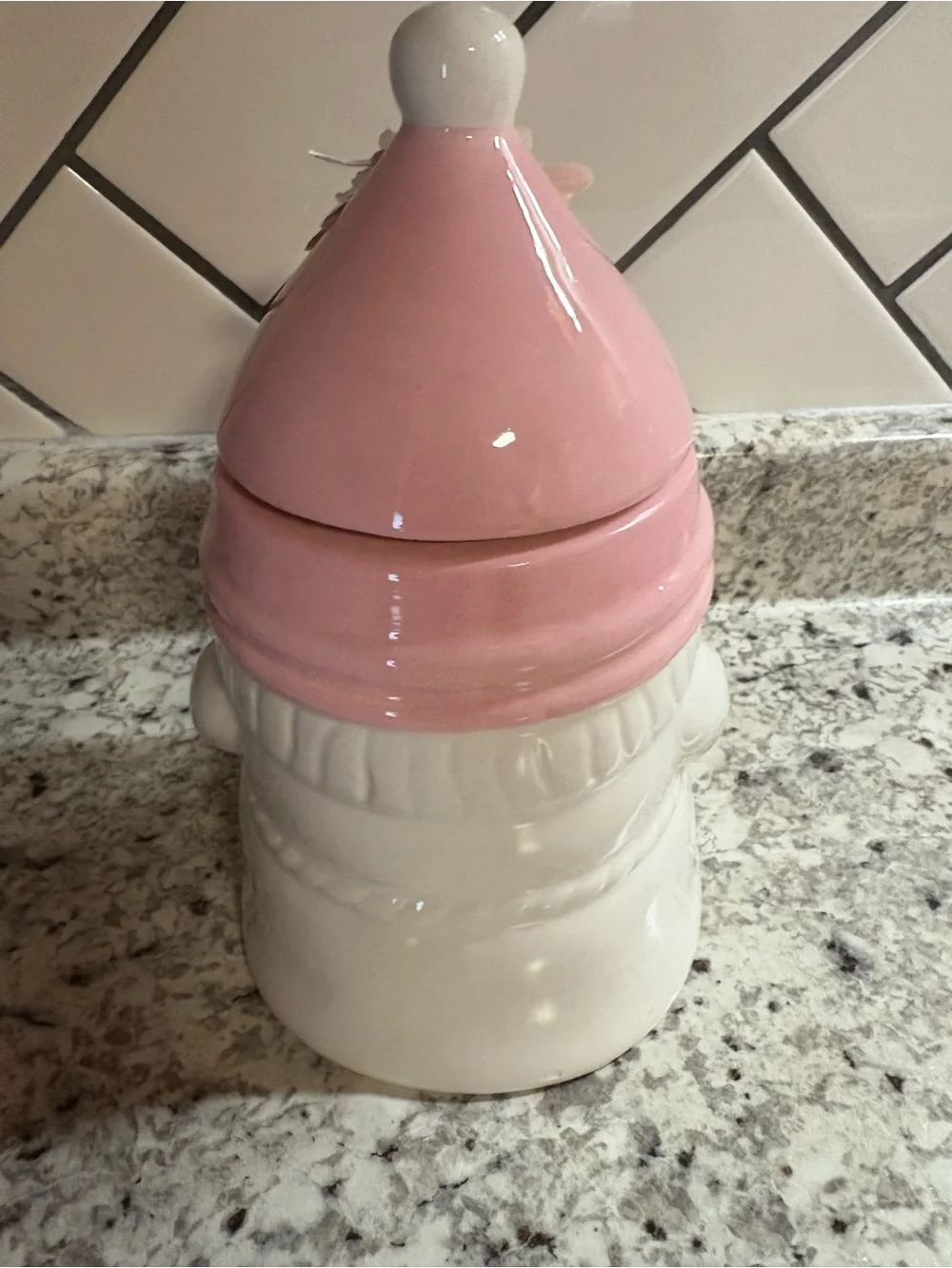 Martha Stewart Pink and White Gnome Ceramic Jar Candle with Flower Lid